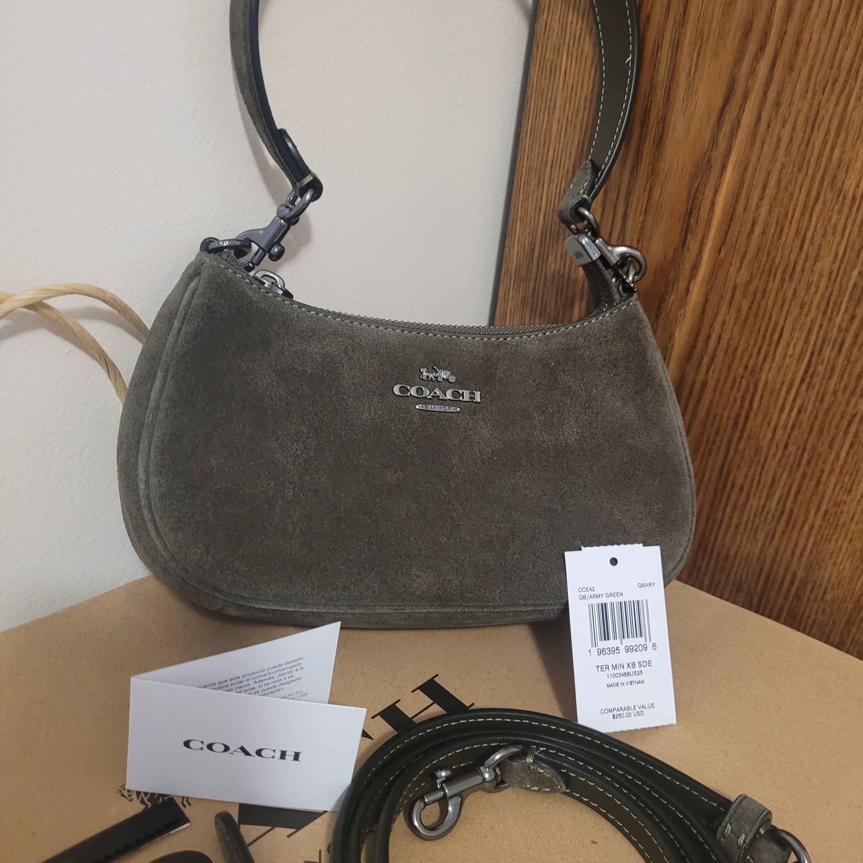 Brand New Coach Teri Mini Crossbody Bag Army Green Suede